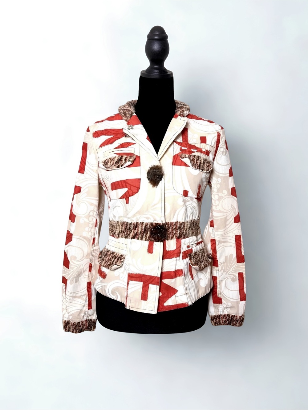 Vtg Y2K Custo White Orange Abstract Letter Print Wool Button Fitted Jacket XS